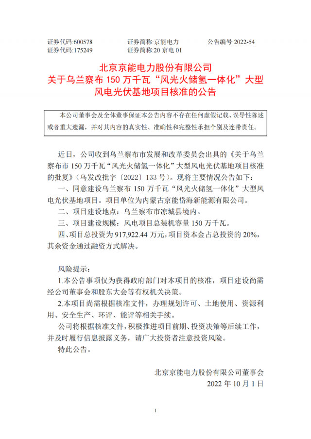 京能電力150萬千瓦“風(fēng)光火儲氫”基地獲批！