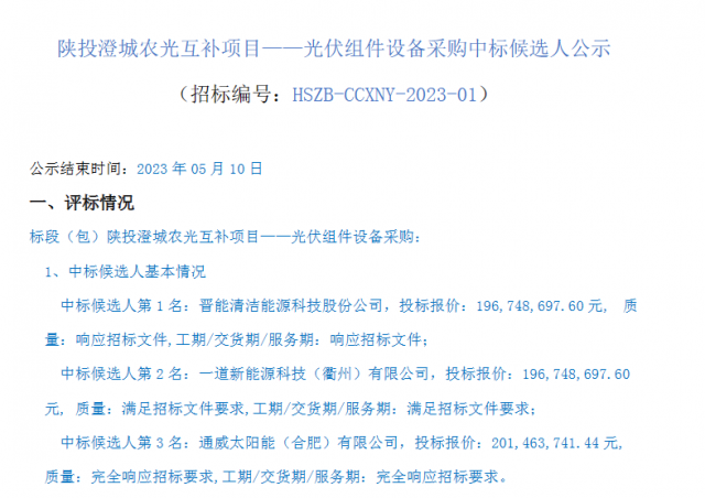 最低1.61元/W！這些企業(yè)擬中標(biāo)陜投澄城農(nóng)光互補(bǔ)項(xiàng)目組件采購