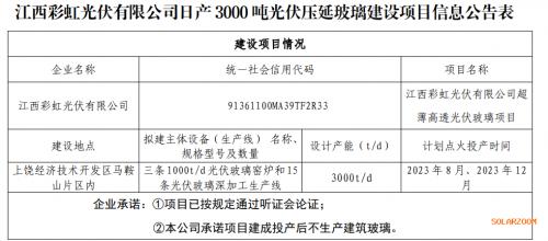 江西彩虹光伏有限公司日產3000噸光伏壓延玻璃建設項目信息的公告