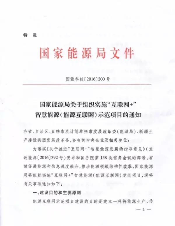 國家能源局關(guān)于組織實施“互聯(lián)網(wǎng)+”智慧能源示范項目的通知